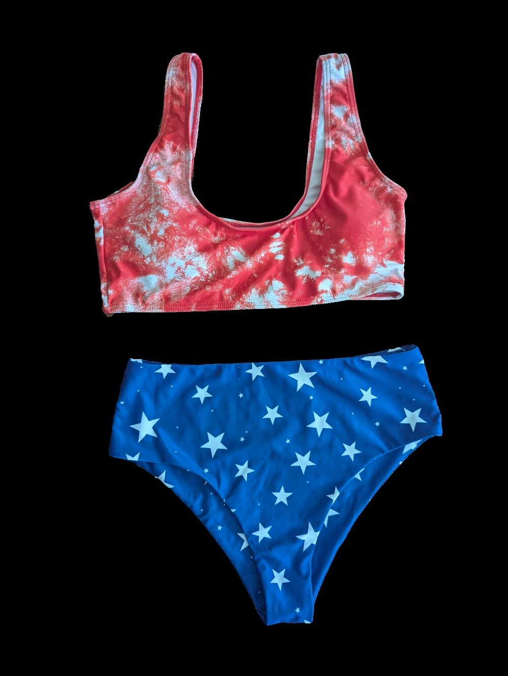 SHEIN Patriotic Red Tie Dye & Blue Stars High Waisted Bikini Set Size M